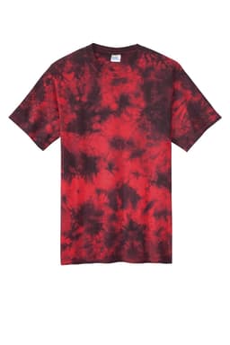 A red and black tie-dye T-shirt featuring a casual style and a logo on the label.