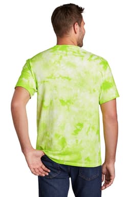 A male model is wearing a bright lime green tie-dye t-shirt with a relaxed fit, featuring a branding logo.