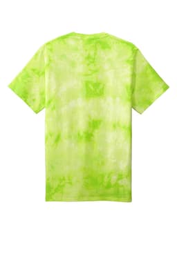 A green tie-dye t-shirt with a vibrant pattern and a logo on the back.