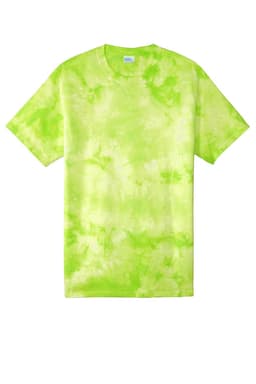 A vibrant green tie-dye T-shirt featuring a mix of shades in a unique pattern. It includes a logo on the label.