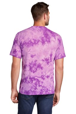 A purple tie-dye T-shirt with varying shades, featuring a logo on the back.