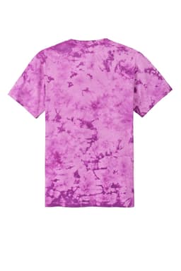 A purple tie-dye T-shirt featuring a unique swirl pattern and short sleeves. It has a logo.