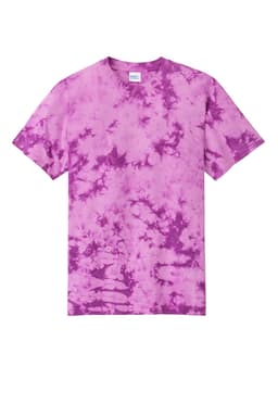 A pink and purple tie-dye T-shirt with a casual short-sleeve design and a label inside the neckline.