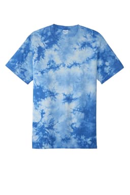 A blue and white tie-dye T-shirt with a relaxed fit and a label on the neckline.
