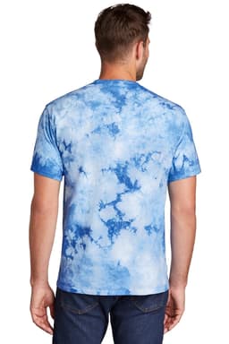 A blue tie-dye T-shirt from Port & Company, featuring a swirling pattern and short sleeves.