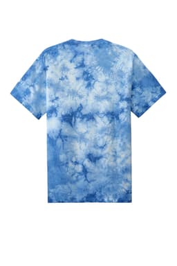 A blue and white tie-dye T-shirt with a loose fit and short sleeves, featuring a logo.