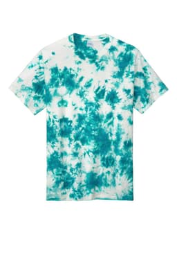 A tie-dye t-shirt featuring a white base with teal and aqua patterns. The shirt has a branding logo.