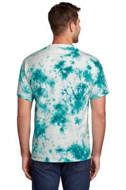 A tie-dye t-shirt in teal and white, featuring a mixed pattern, with a logo displayed.