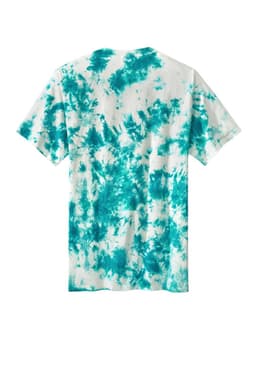 A tie-dye T-shirt in turquoise and white, featuring a vibrant, swirled pattern. The shirt has a branding logo.