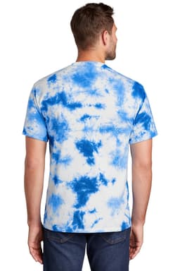 A man wearing a blue and white tie-dye T-shirt, featuring a logo on the back. The T-shirt has a relaxed fit.