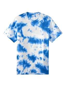 A blue and white tie-dye T-shirt with short sleeves. The shirt features a logo on the label.