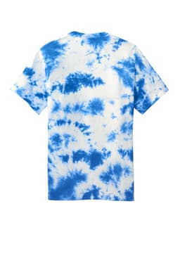 A blue and white tie-dye T-shirt featuring a swirl pattern, with a logo on the back.