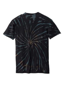 A tie-dye T-shirt in black with blue and brown swirls, featuring a logo on the back.