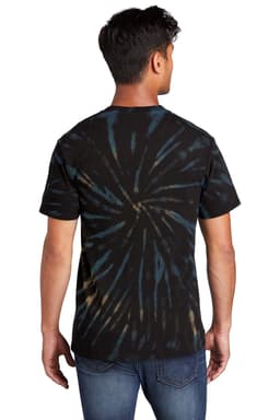 A man wearing a black and blue tie-dye t-shirt, viewed from the back, showcasing the spiral pattern.