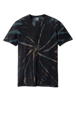 A tie-dye T-shirt in black, featuring spiral patterns in shades of blue and brown. It has a brand logo on the label.