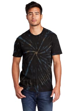 A tie-dye T-shirt in black and blue hues, featuring a spiral pattern and worn by a model.