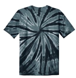 A tie-dye T-shirt in dark shades of blue and grey, featuring a spiral design and a logo on the back.