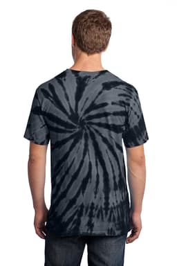 A tie-dye T-shirt featuring a spiral pattern in shades of grey and black, showcasing a logo on the back.
