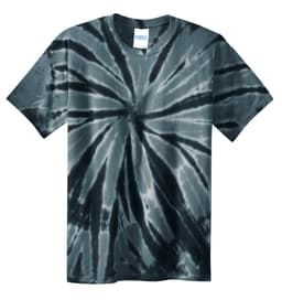 A tie-dye t-shirt in shades of grey and black, featuring a circular pattern and a label inside.