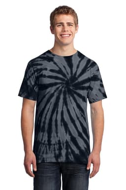 A man wearing a navy and grey tie-dye T-shirt with a spiral pattern, standing in a casual pose.