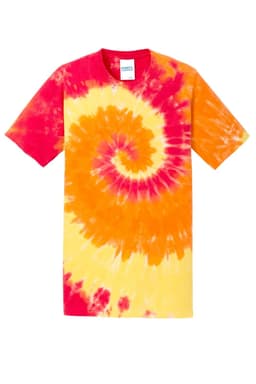 A tie-dye T-shirt featuring a spiral pattern in red, orange, and yellow hues, with a brand logo on the label.