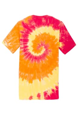 A tie-dye t-shirt in vibrant shades of pink, orange, and yellow featuring a spiral pattern. It has a logo on it.
