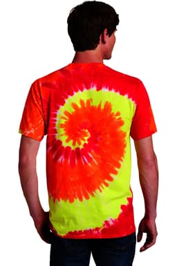 A man wearing a vibrant red and yellow tie-dye T-shirt featuring a spiral pattern at the back.
