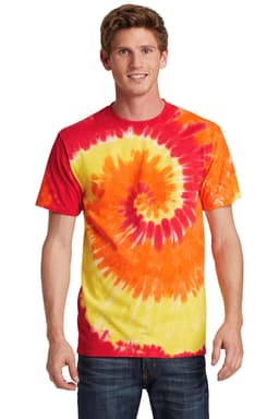 A tie-dye t-shirt featuring a spiral pattern in red, orange, and yellow, with a solid red collar.