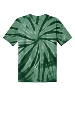A green tie-dye T-shirt featuring a spiral pattern and a logo on the back.