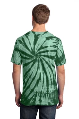A tie-dye tee in shades of green with a spiral pattern, featuring a logo on the back.