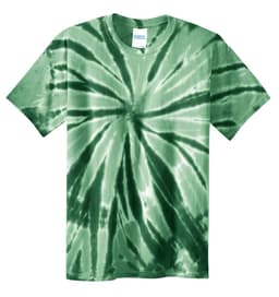A green tie-dye T-shirt with a swirl pattern. The shirt features a logo on the tag.