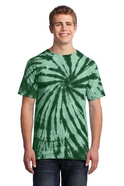 A man is wearing a green tie-dye t-shirt with a spiral pattern. The shirt has a logo or branding.