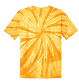 A yellow tie-dye T-shirt with a spiral pattern on the back. It features short sleeves and a logo.