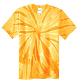 A tie-dye t-shirt in vibrant shades of yellow and orange, featuring a spiral pattern. It has a logo on the label.