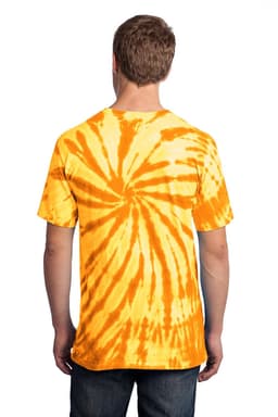 A vibrant orange and yellow tie-dye t-shirt with a spiral pattern, featuring a logo on the back.