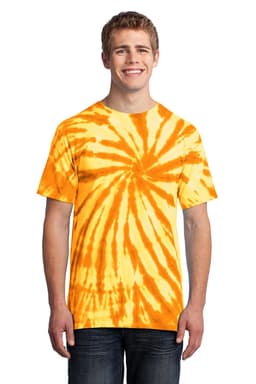 A man models a vibrant orange tie-dye T-shirt with a swirling pattern, featuring a logo on the garment.