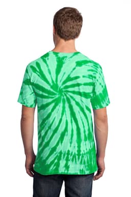 A green tie-dye T-shirt with a spiral pattern, featuring a logo on the back.