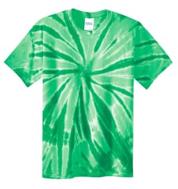 A green tie-dye t-shirt featuring a spiral pattern and a label in the neckline.