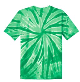 A green tie-dye T-shirt featuring a spiral pattern on the back. It has a logo on the label.