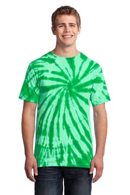 A man is wearing a green and white tie-dye t-shirt with a swirling pattern. The shirt features a logo.