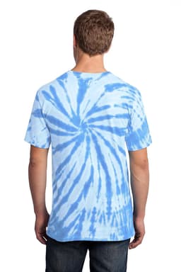 A tie-dye tee in shades of blue features a spiral pattern and has a logo on the back.