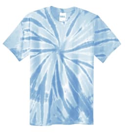 A blue and white tie-dye T-shirt with a spiral pattern. It features a logo on the label.