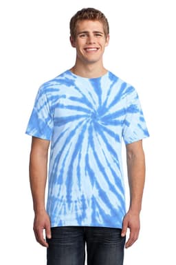 A man models a blue tie-dye t-shirt with a spiral pattern, featuring short sleeves and a relaxed fit.