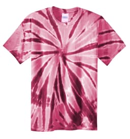 A tie-dye tee in shades of pink with a spiral pattern, featuring a label inside.