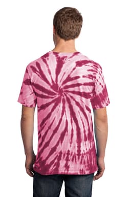 A tie-dye t-shirt in shades of pink and burgundy, featuring a spiral pattern, viewed from the back.