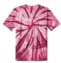 A tie-dye tee in shades of maroon and pink, featuring a spiral pattern on the back. Includes a logo.