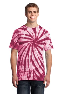 A man wearing a pink and white tie-dye t-shirt, displaying a spiral pattern. The shirt features a logo.