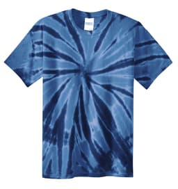 A blue tie-dye T-shirt with a spiral pattern, featuring a logo on the label.