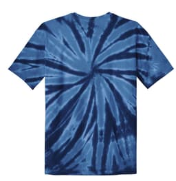 A blue tie-dye T-shirt with a spiral pattern on the back, featuring a logo.