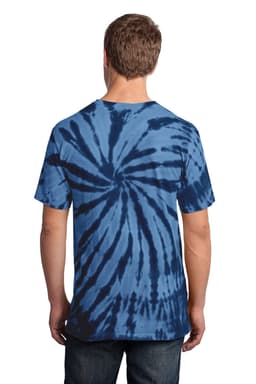 A tie-dye T-shirt in various shades of blue, featuring a spiral pattern and a logo on the back.